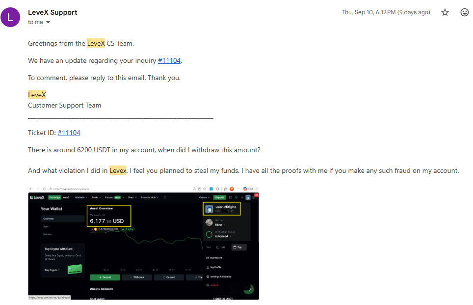 LeveX account screenshot showing approximately 6200 USDT remaining when support claimed deposits were fully withdrawn