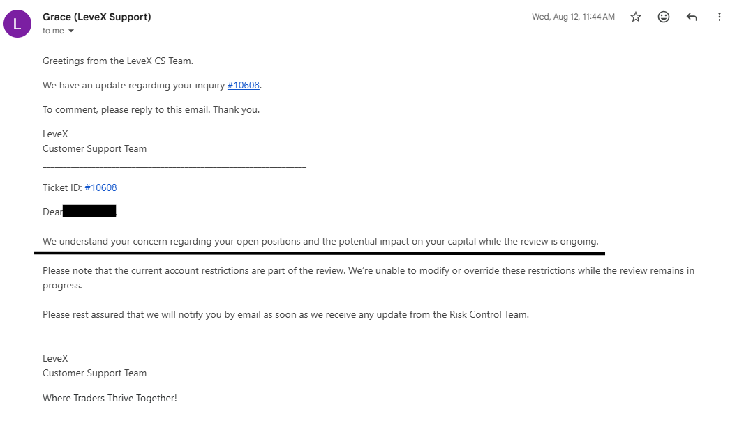LeveX email 12 August 2026 refusing to lift the freeze on closing open positions during review