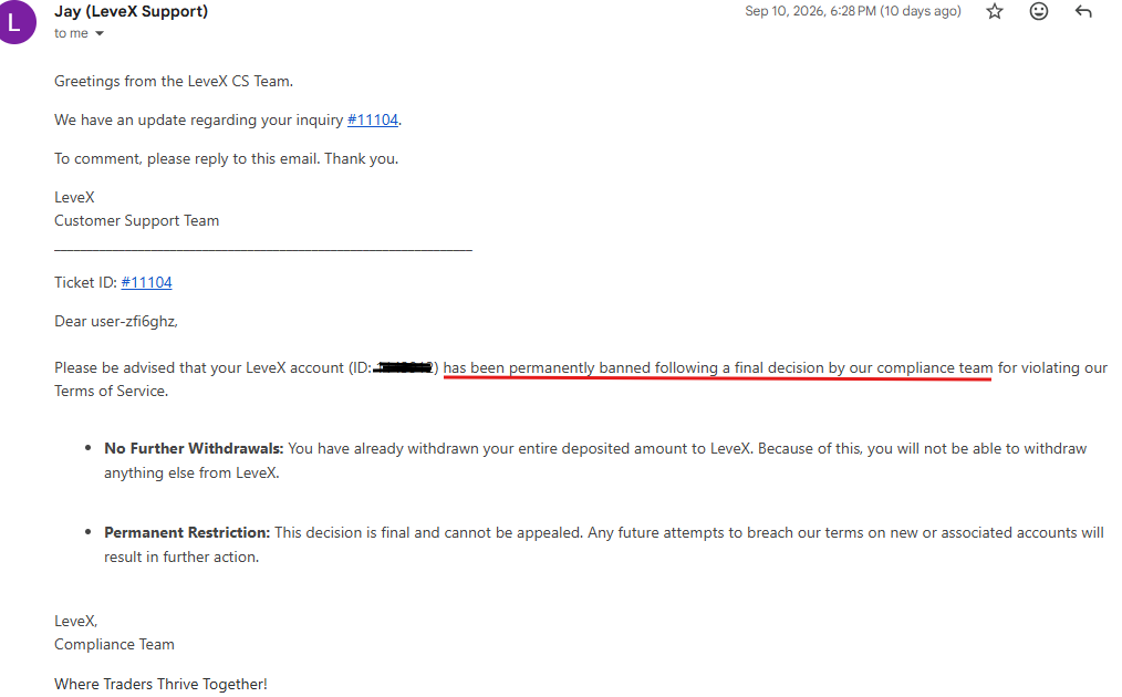 LeveX email confirming permanent ban and no further withdrawals for account 11XXX12