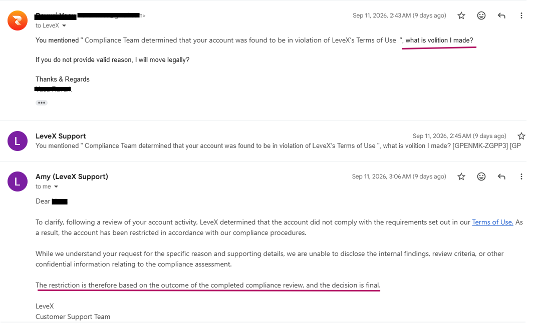 LeveX email stating the compliance decision is final and internal findings will not be disclosed